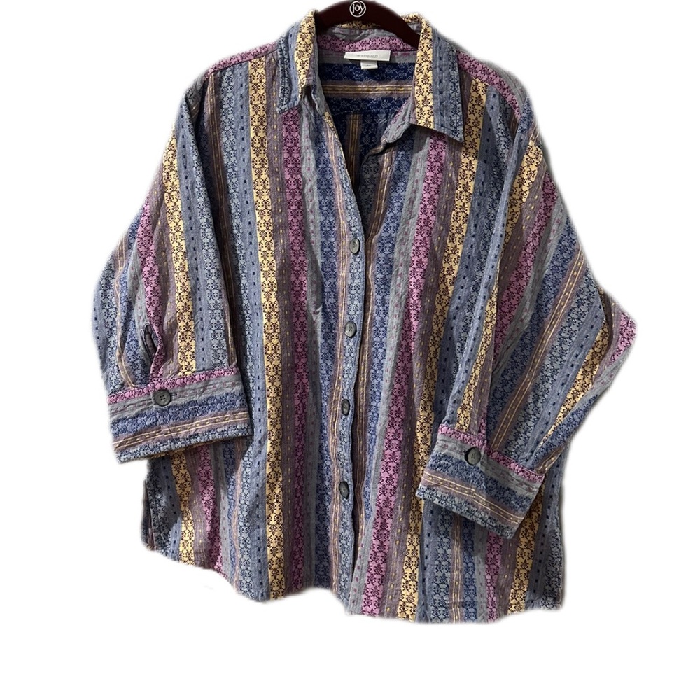 Dressbarn Vertical Stripe Button-Up 3/4 Lemgth Sleeve Blouse